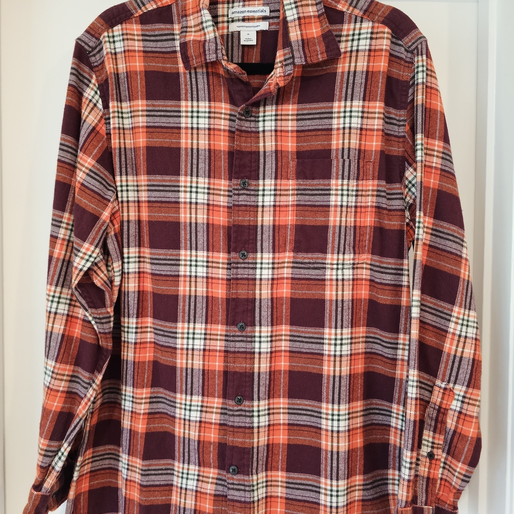 Amazon Essentials Men's Casual Plaid Shirt - Maroon, Orange and White